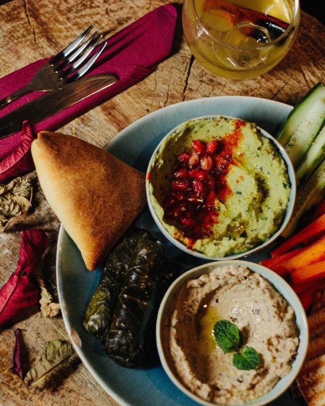 Mediterranean Lemon Chili Chicken Bowl with Whipped Hummus — a mezze spread with flatbread